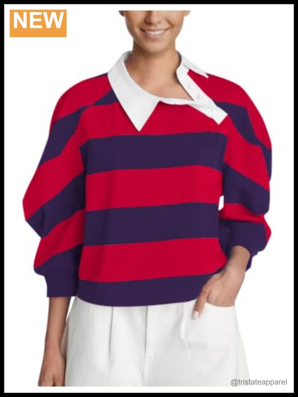Women's Striped Rugby Polo Oversized Collared Balloon Sleeve Cropped Casual Tee